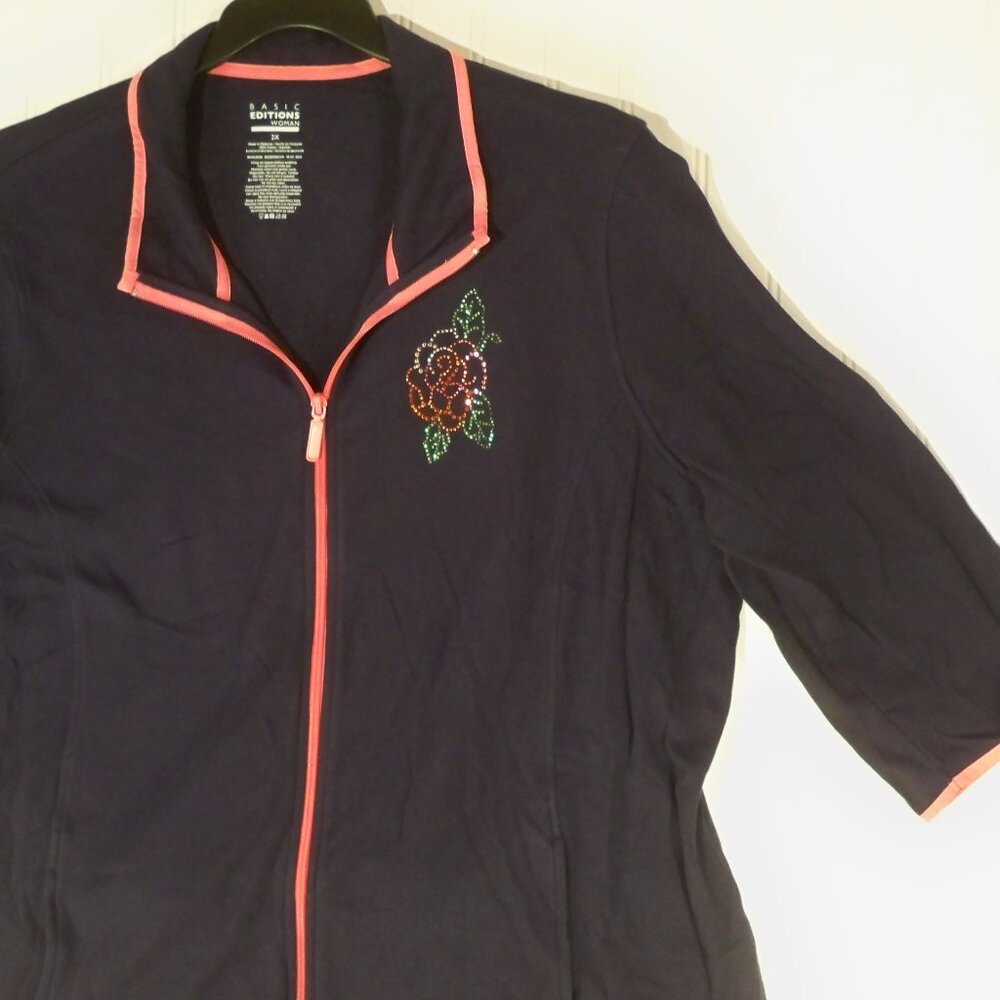Basic Editions Woman, Rose, Dark Blue Zip Up, 2X